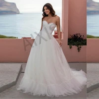 dotted white wedding dresses strapless sleeveless luxury bride gown tulle bow pleat ruched a line simple robe de mariee 2022