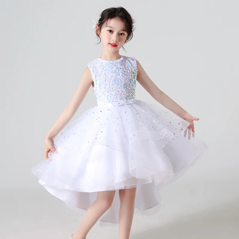 

Girl Princess Lace Dress Trailing Tutu Children Communion Vestido Sequin Flower Birthday Party Wedding Clothes