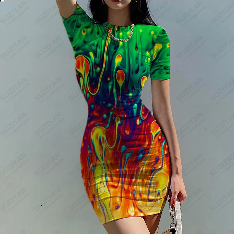 

New Summer Women's Tight O-Neck Dress Ultra Short Sleeve Short Skirt Spicy Girl 3D Print Pattern European American Large Sexy