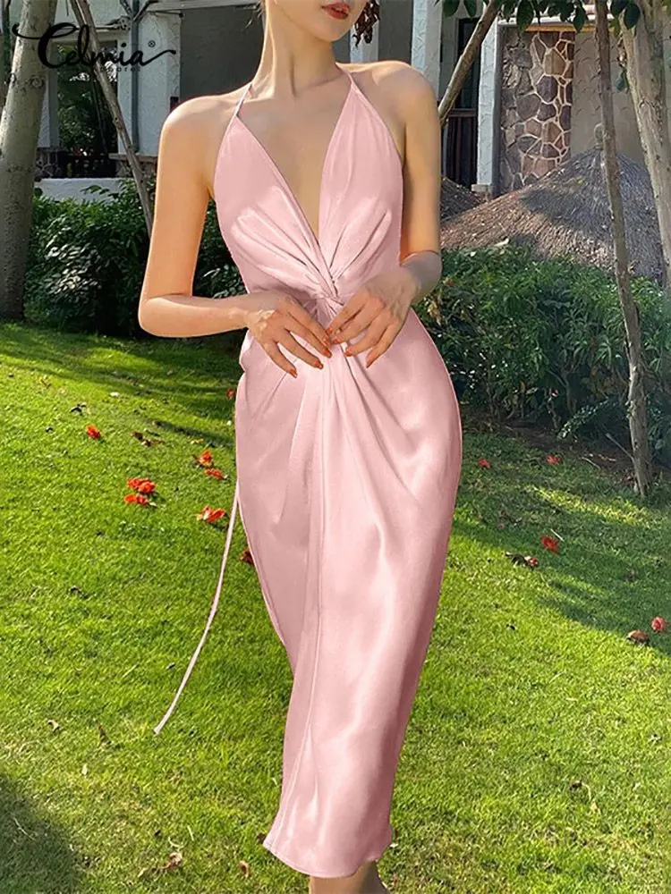 

Celmia Sexy Solid Twisted Long Robes Women Strap Dresses Summer 2022 Elegant Satin Silk Midi Sundress Lady Back Bandage Vestidos