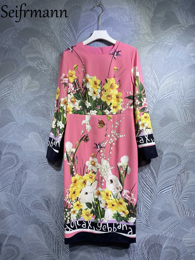 Seifrmann High Quality Spring Women Fashion Runway Midi Dress Long Sleeve Elegant Slim Patchwork Flower Printed Pencil Dresses