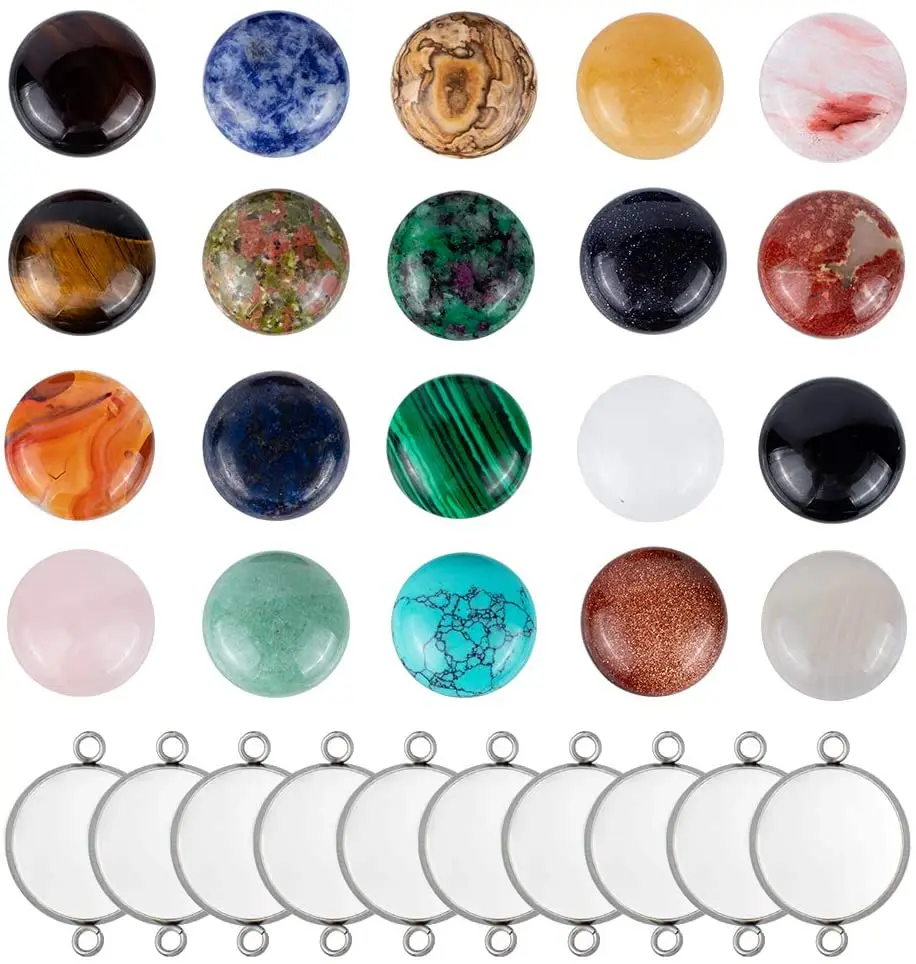 

20 Sets Cabochon Connector Kits 20 PCS Flat Round Cabochon Link Trays and 20 Colors 18mm Gemstone Cabochons Cameo Tiles