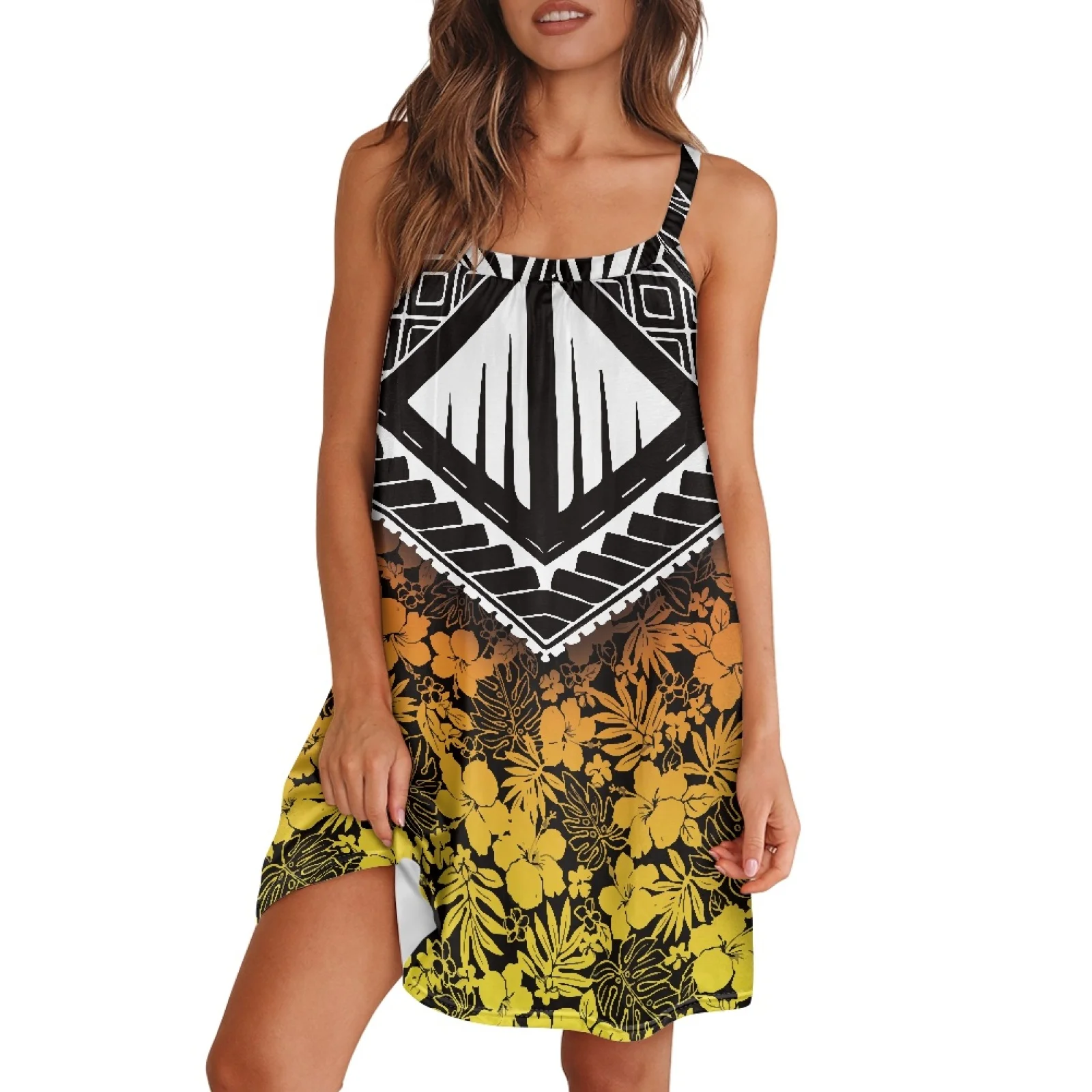 

Polynesian Tribal Fijian Totem Tattoo Fiji Prints Gym Casual Ladie Suspender Versatile Loose Hibiscus Black White Print Skirt