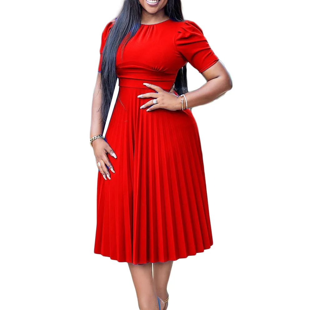 Women Summer New Short Sleeve Pleated Solid Color and Large Size Cross-Dress