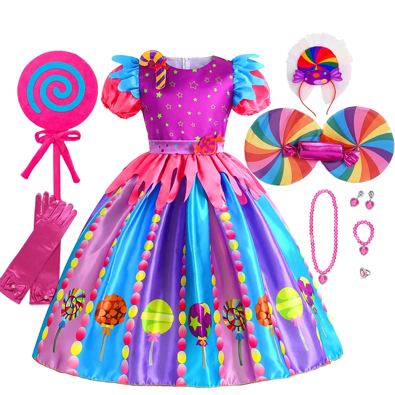 

Радужный костюм для девочек Purim, конфеты, детский косплей, принт леденцов, платья принцессы с палочкой леденцов, одежда для дня рождения