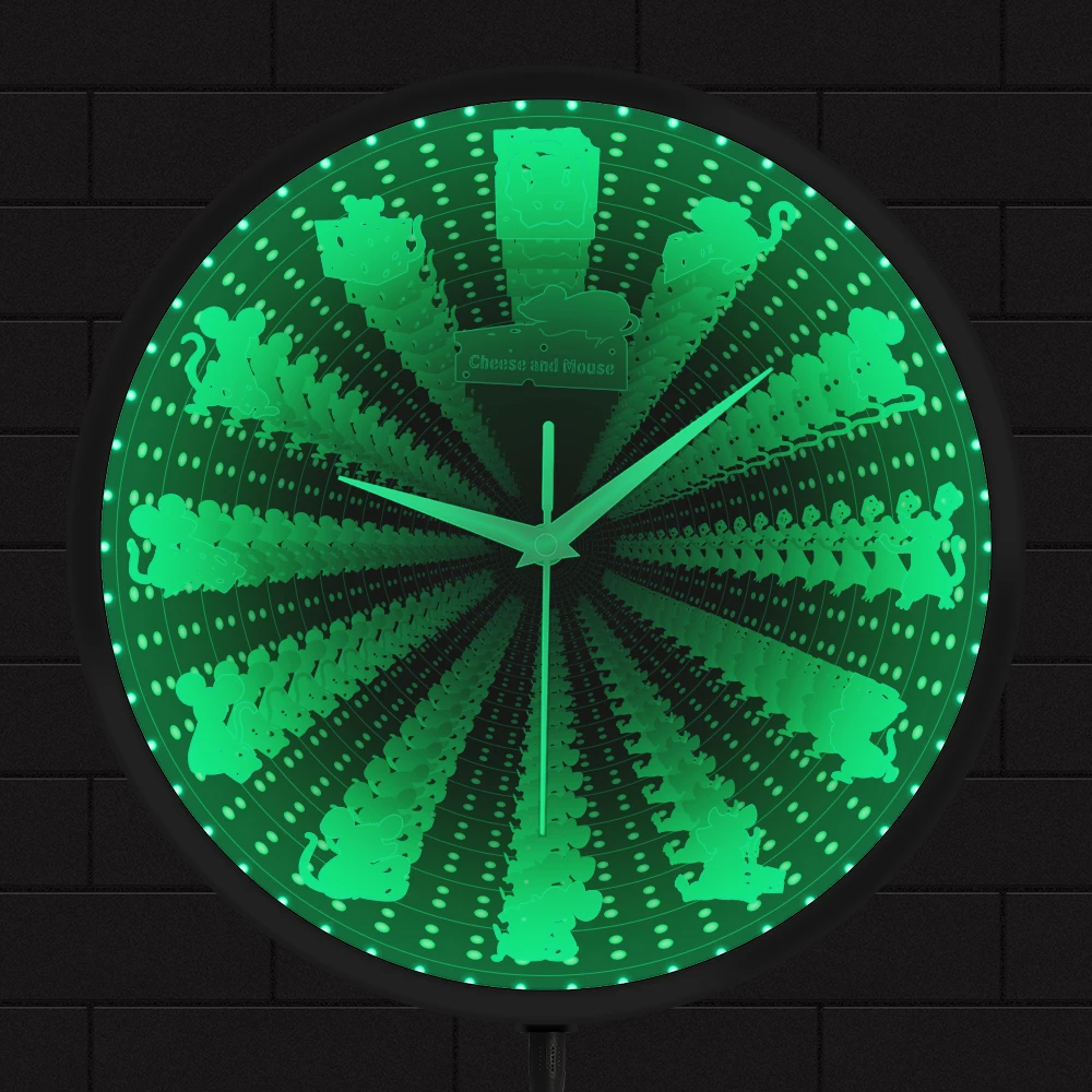 

Funny Mouse and Cheese LED Infinity Mirror Optical Illusion Wall Clock For Kitchen Mice Stealing Cheese Tunnel Vision Wall Clock