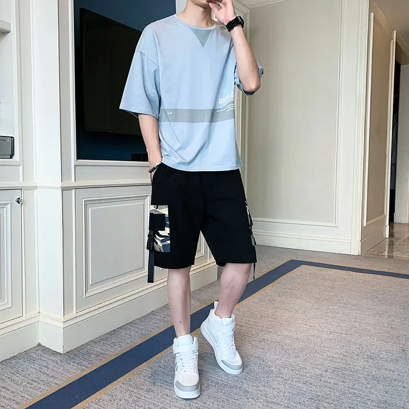 2-Piece Suit Men's Summer Sports Casual Set Male Fashion Loose Tracksuit Cotton Short-Sleeve Tees & Shorts Trendy Clothing Men