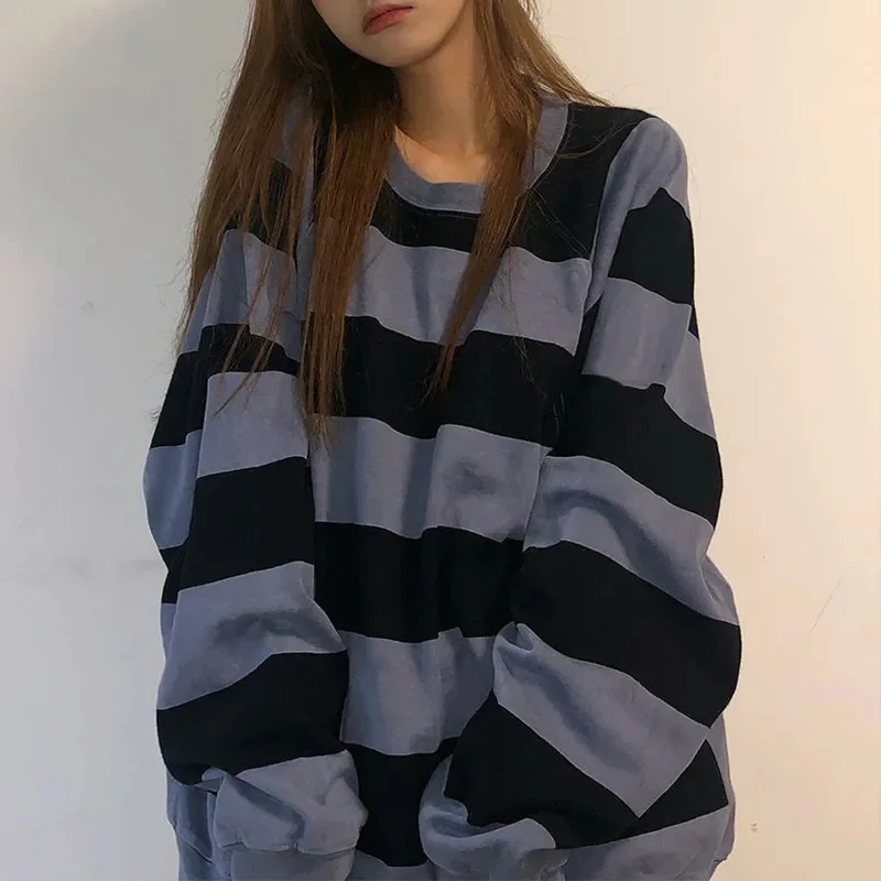 

Vintage Striped Tops Women Spring Autumn Long Sleeve T-Shirt Casual Oversized O-neck Streetwear Ahetic Korean T-Shirt