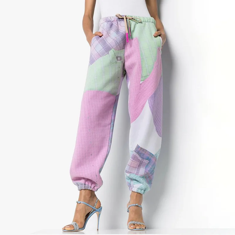 

Print Pants Streetwear Women Mid Waist Hit Color Jogger Trousers Hip Hop Rock Pants Spring Summer Lace Up Harem Pants Females