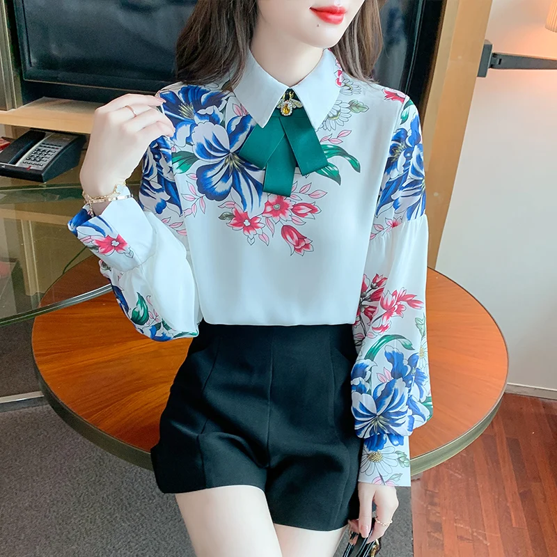 

Женская блузка с отложным воротником, длинным рукавом и цветочным принтом, осень 2022