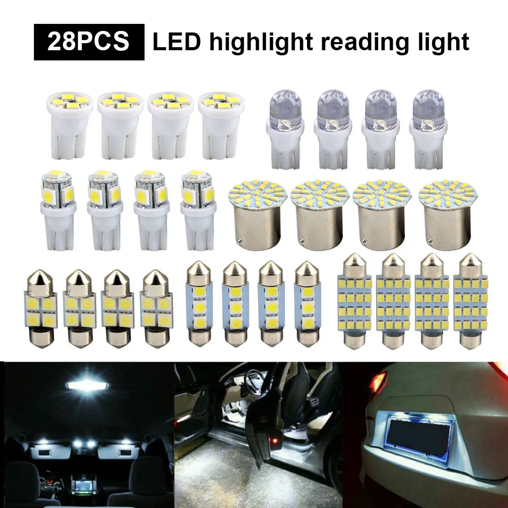 

28pcs T10 W5W Car LED Interior Light Bulb White Car Dome License Light Plate Festoon Map Reading Light Universal