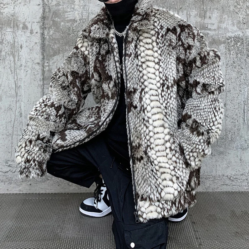 lamb wool men's winter faux fur men's snake print coat fleece and thick trendy loose padded jacket parkas coats for men winter