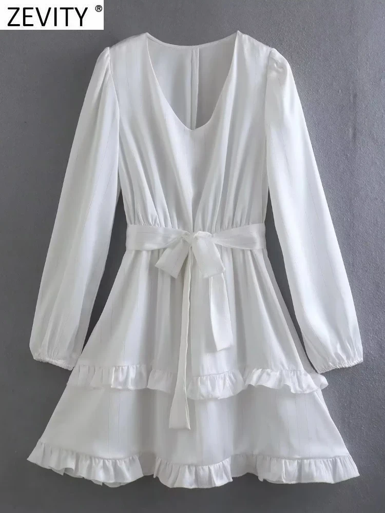 

Zevity 2022 женское модное Белое Атласное мини-платье в полоску с V-образным вырезом и поясом женское шикарное Двухслойное Повседневное платье с ...