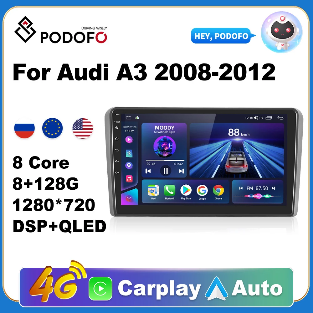 

Podofo AI Voice Android Carplay Car Radio For Audi A3 2008-2012 2din Android Auto 4G Multimedia Navigation GPS autoradio DSP