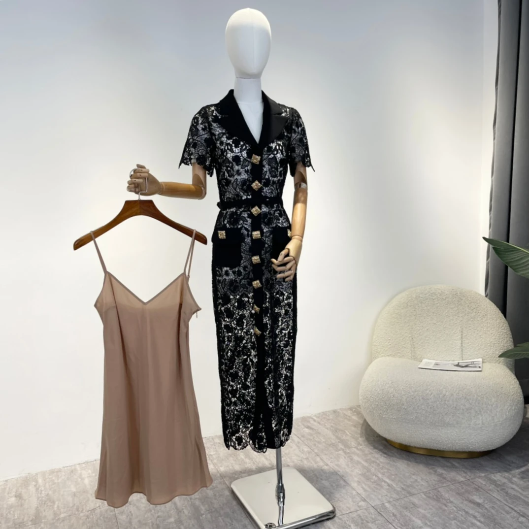 

Golden Button Vintage Mid Dress Lady 2022 Autumn New Arrival Top Quality Black Hook Flower Hollow Elegant Clothing