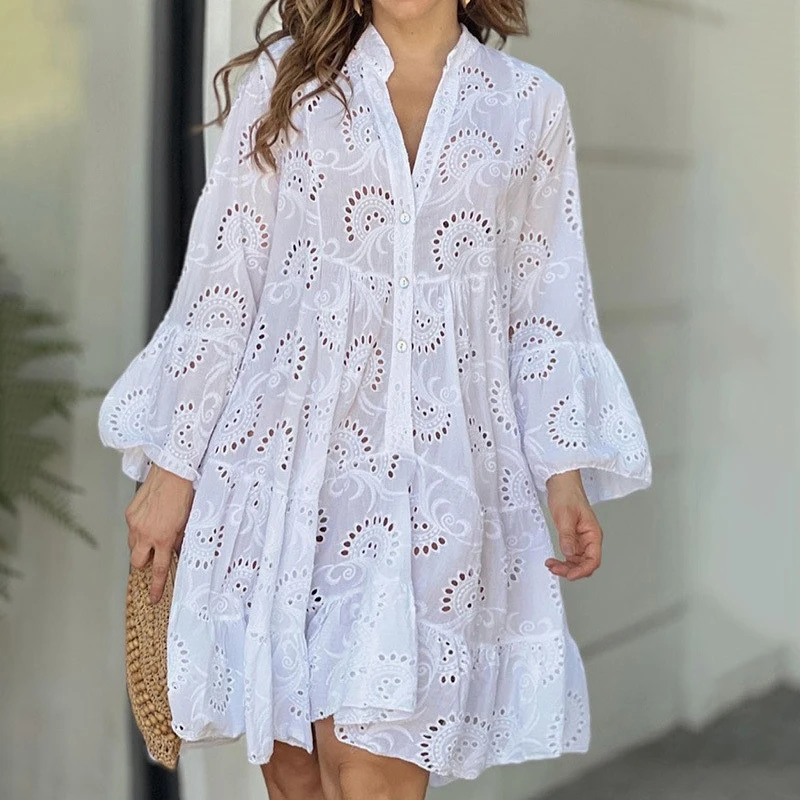 

Flare Sleeve White Lace Women Dress Summer Casual Elegant Hollow Embroidery Dress Sexy Solid Vintage Loose Dresses Vestido 27725