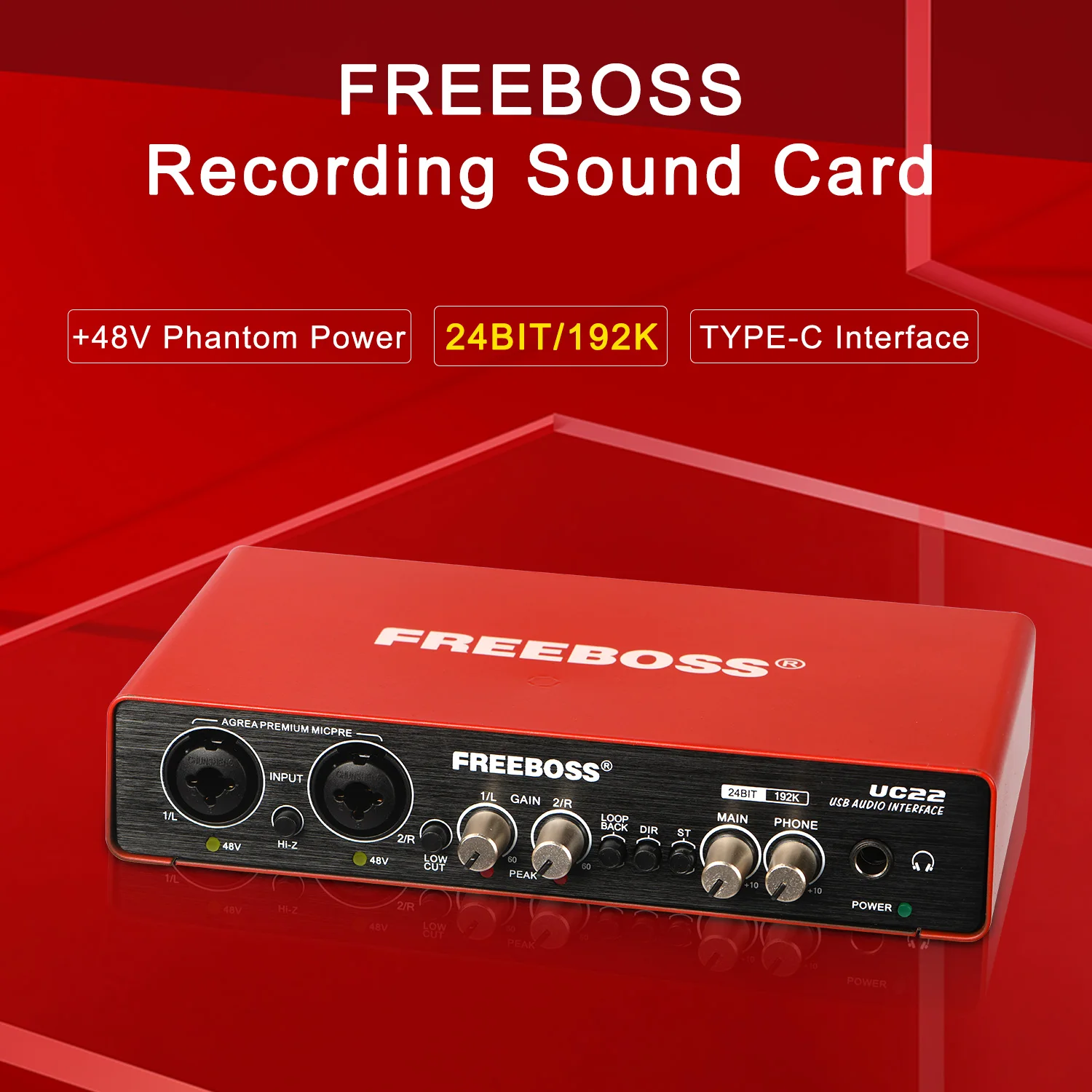 FREEBOSS Audio Interface Professional 192KHz Recording Loopback Hi-z Guitar USB DC 5V External Sound Card 48V Phantom Power UC22