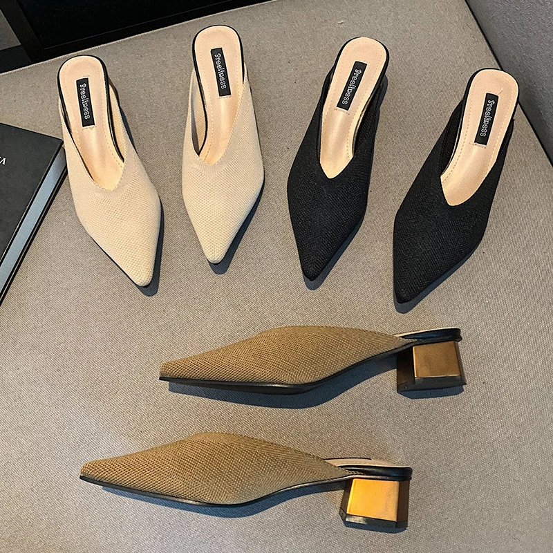 

Мюли женские на низком каблуке, туфли-лодочки, роскошные брендовые, модные тапочки, заостренный носок, сланцы, 2022