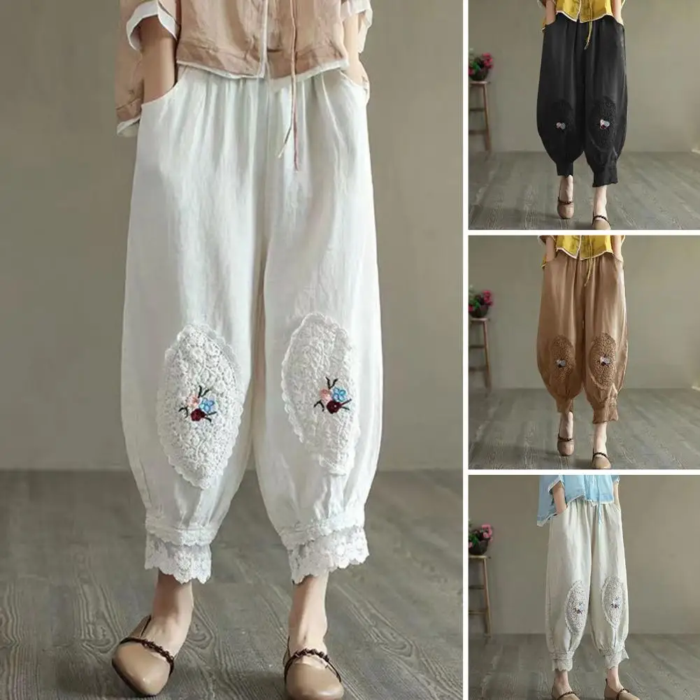 

Folk Elegant Solid Color Embroidery Bloomers Pants Summer Women's Clothing Casual Vintage Loose Elastic Waist Cropped Pants