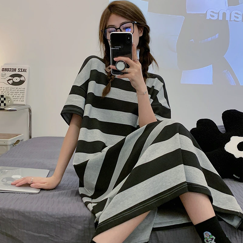 CAIYIER Summer Loose Women Nightdress Short Sleeve Stripe Print Sleepshirts Cute Girls Soft Nightgowns Big Size M-3XL Home Dress