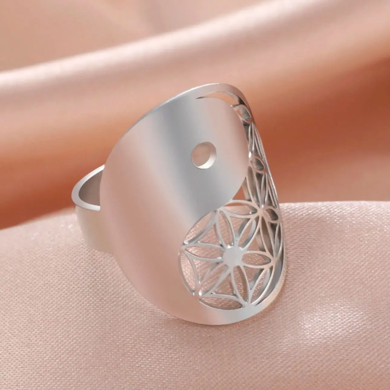 Кольцо Teamer с цветком жизни из нержавеющей стали Винтажное кольцо на палец Инь Янь