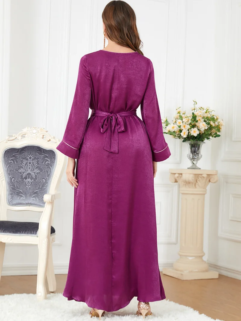 Dresses For Women 2023 Spring Elegant O-Neck Beading Long Sleeve High Waist Party Dress With Sashes Dubai Abaya Ramadan