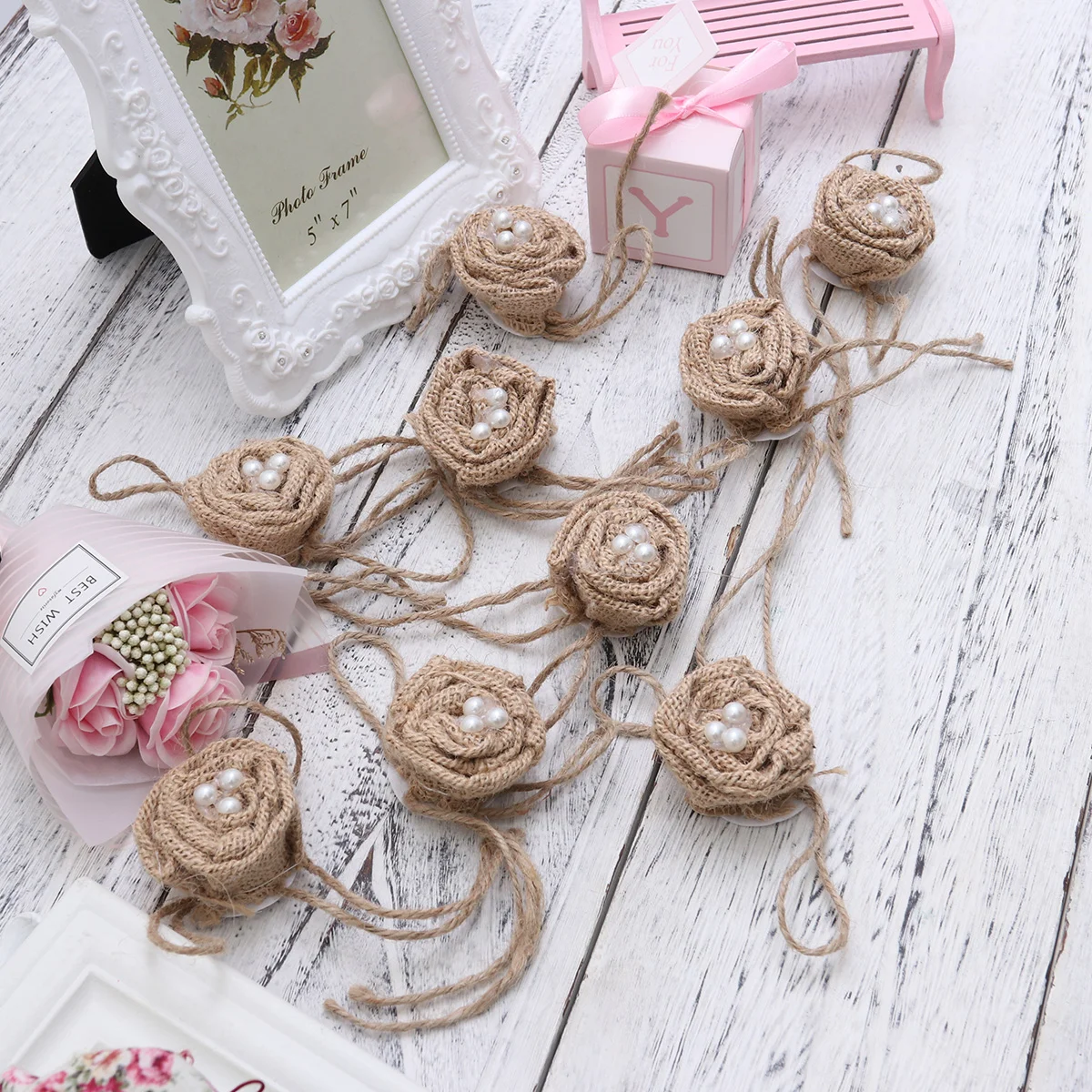 

Flower Burlap Flowers Craftsbow Christmas Decor Tree Bows Rosefabric Natural Hessian Ribbon Pearl Embellishments Wedding