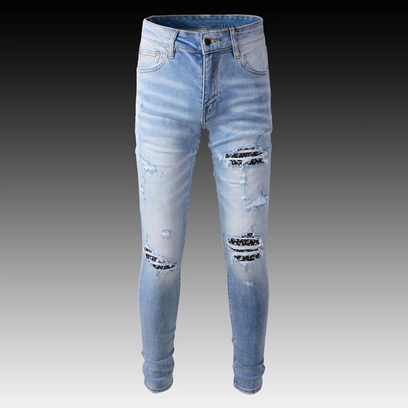 American Street Style Fashion Men Jeans Light Blue Elastic Destroyed Slim Ripped Jeans Men Patched Designer Brand Hip Hop Pants