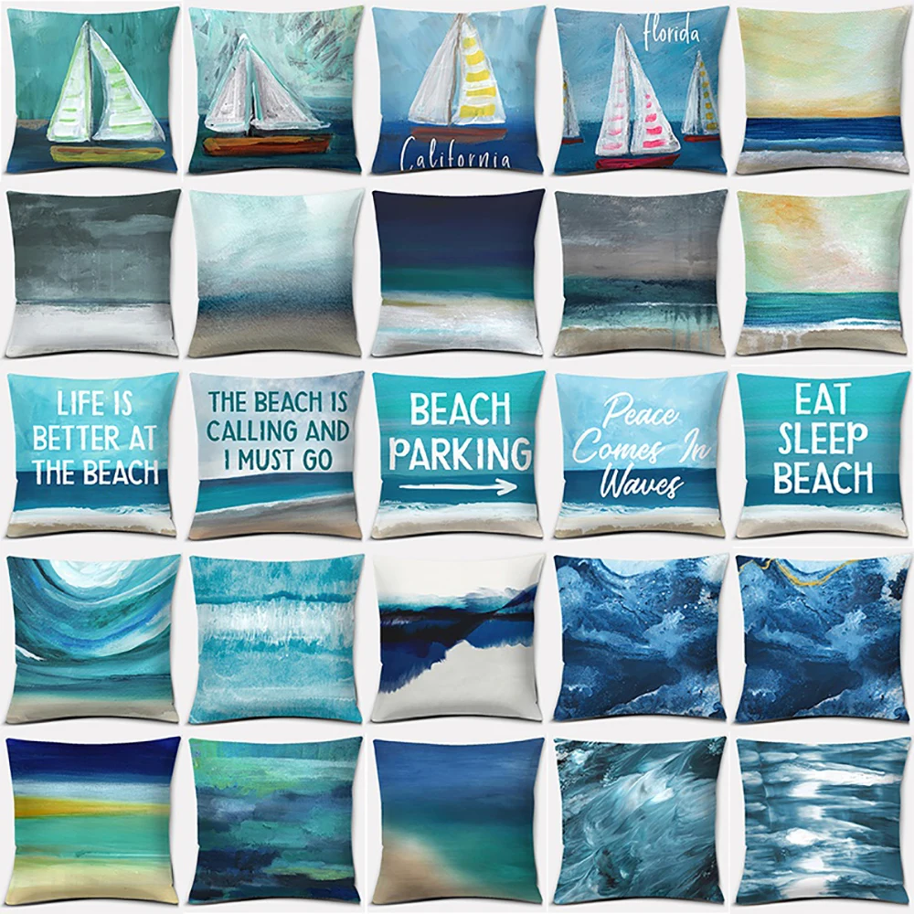 

Oil Painting Beach Series Pillow Gift Home Office Decoration Pillow Bedroom Sofa Car Cushion Cover Pillowcase 40x40cm