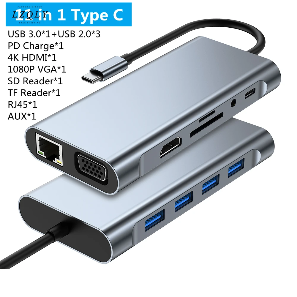 

c 4/5/8/11-in-1 Usb Hub 3.0 Type c Dock Splitter Multiport Adapter 4k Hdmi Rj45 Sd/tf Vga Hdmi Pd for Laptop Macbook Ipad Xiaomi