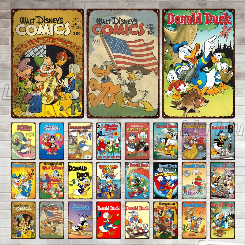 

Металлическая Жестяная Табличка с изображением Микки и Минни, Disney, Дональд, Дак, винтажная модель, кафе, бара, металлическая картина, игровая...