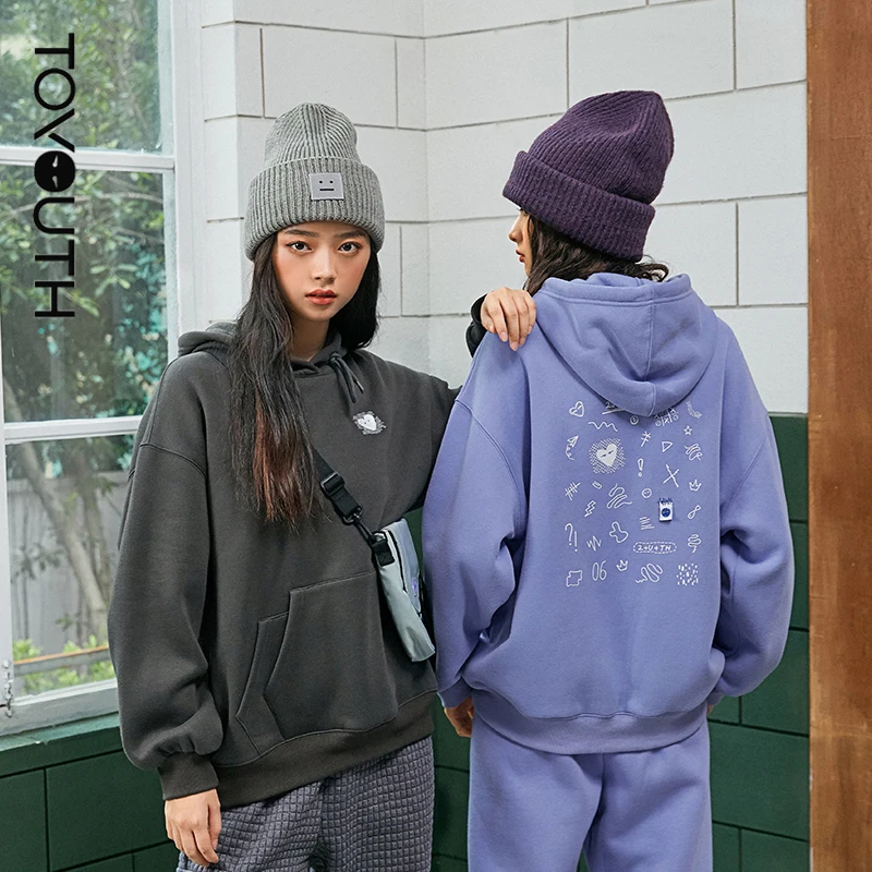 

Toyouth Women Sweatshirts with Hat Sweatpant 2021 Winter Loose Hoodies Cotton Lined Embroidery Print Casual Chic Tracksuit Set