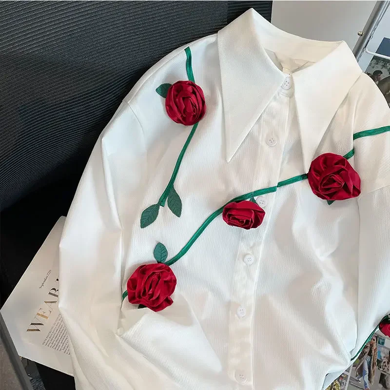 Рубашки женские шикарный дизайн с аппликациями винтажный корейский стиль для