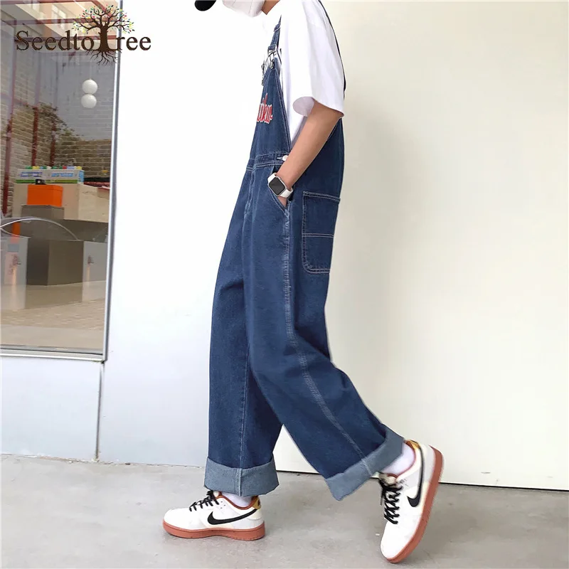 Men's Denim Overalls Ankle Length Jeans Overalls Loose Straight Suspenders Pants Cargo Pants Unisex