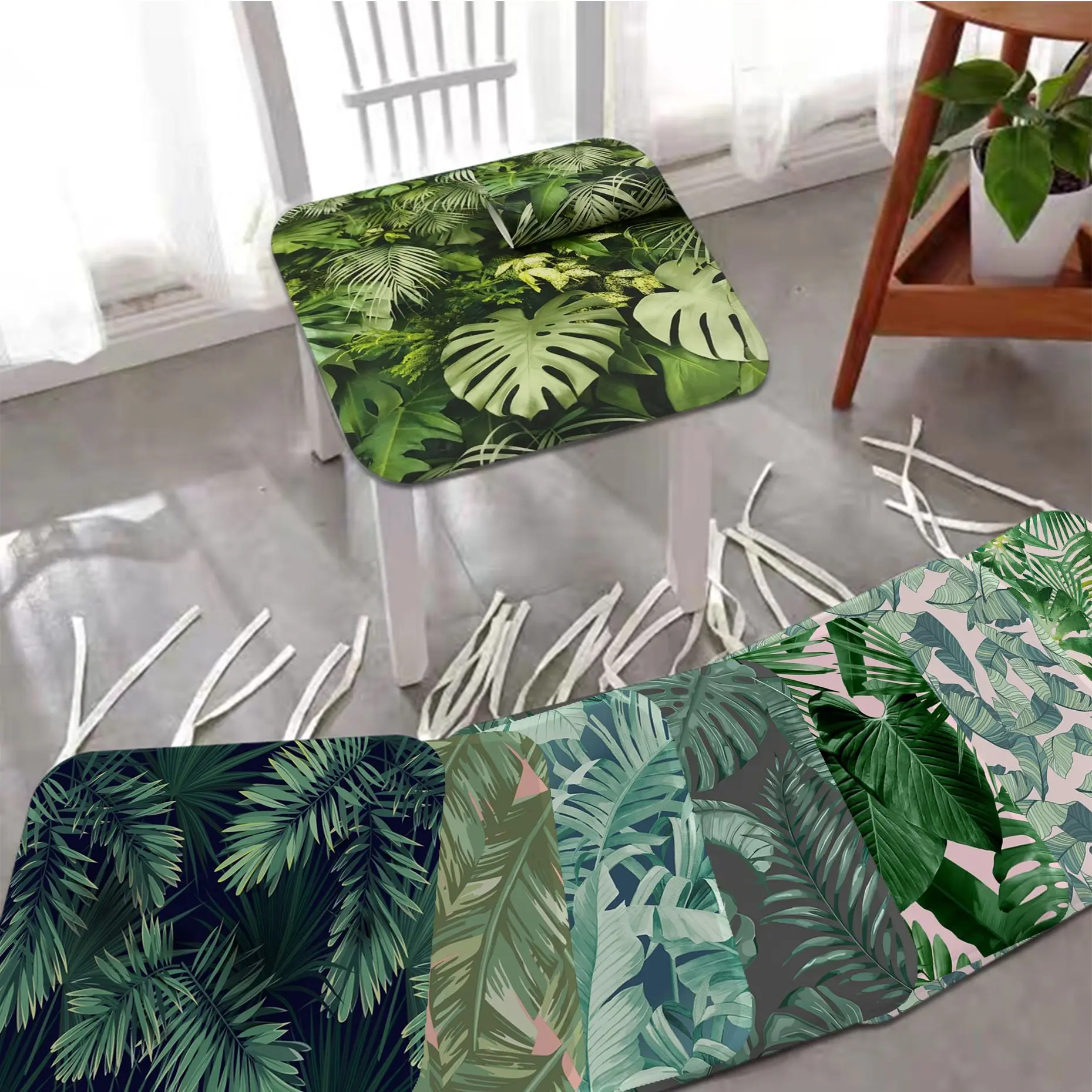 

Green Leaf Square Seat Cushion Office Dining Stool Pad Sponge Sofa Mat Non-Slip Stool Seat Mat