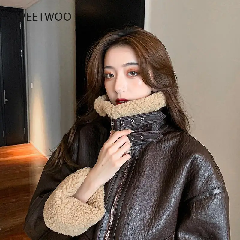 Women High Quality Black Motorcycle Jacket Thermal Padded Warm Parkas Short Design Lamb Fur Flight Coat Contracted Slim 2022