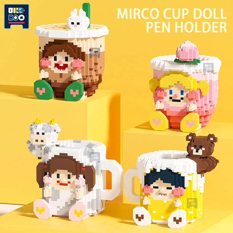 

Идея, контейнер для ручек с молочной чашкой и чая, строительные блоки, Мультяшные персиковые мини-блоки, строительные игрушки для детей, украшение