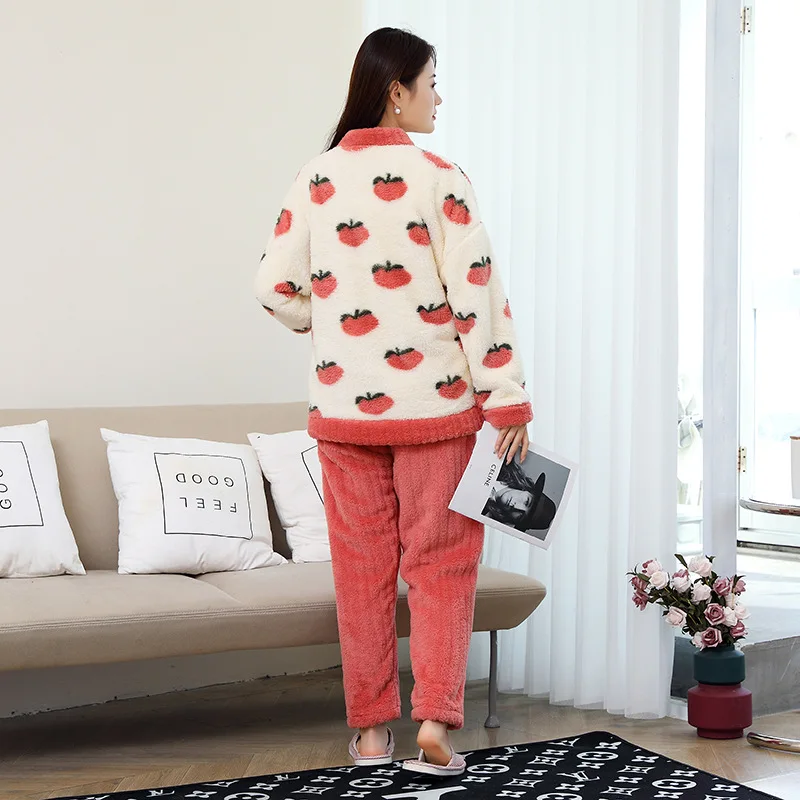 Women's Winter Warm Thin Two-Pieces Pajama Suit Length To The Ankle Polyester Comfortable V-Neck Leisure Wear With No Hat