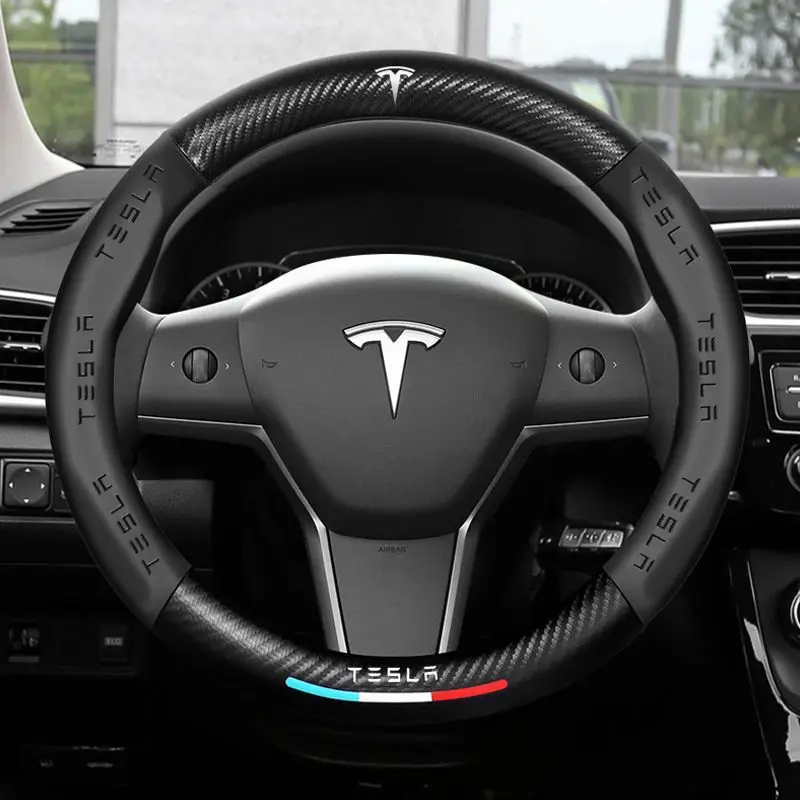 

Чехол на руль для Tesla Model 3, модель Y, S, дышащая, из углеродного волокна, кожи, с защитой от меха, D-образной формы, круглая форма