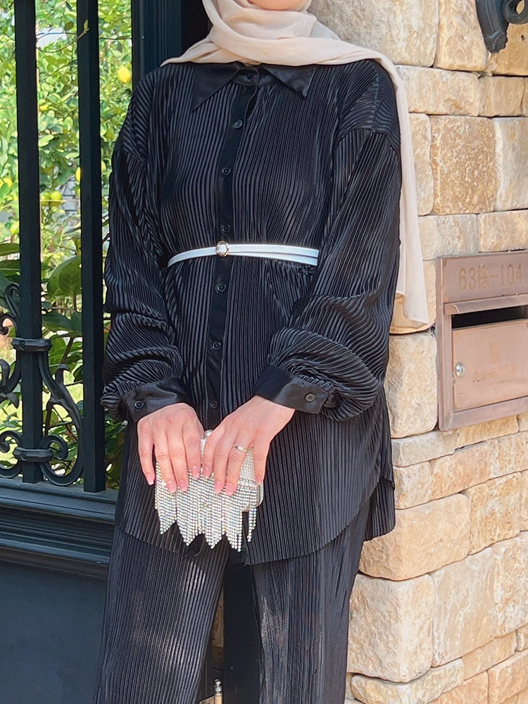 Muslim Dress Women Winter Blouse & Pants Set Abaya Dubai Turkey Solid Color Pleated Fashion Set 2 Piece Islamic Clothing Sets