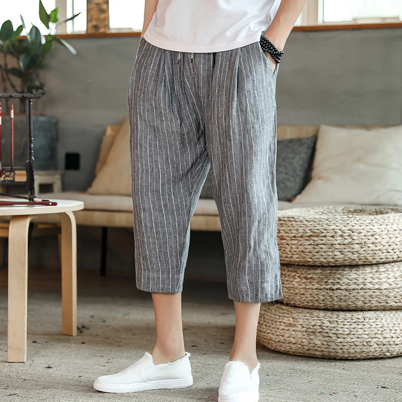 

Linen casual shorts summer stripe Harlan loose cotton linen light grey thin Capri men's pants