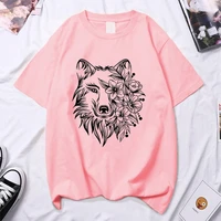 wolf flowers printed t shirts women summer graphic t shirts streetwear tops for teens short sleeve clothing o neck men t shirt