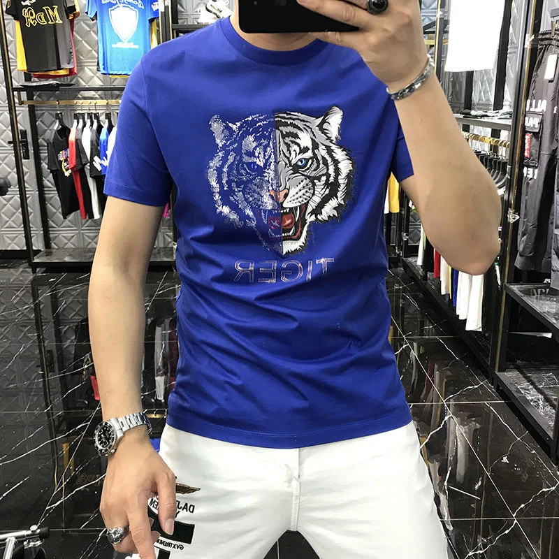

Y2k Short-sleeved T-shirt Male Summer New Heavy Industry Tiger Print Casual Half-sleeved Top Male Fashion Trend