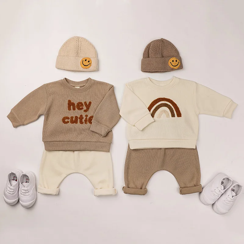 Ins New Baby Suit Spring and Autumn Style Men's Baby Fashion Rainbow Letters Long-sleeved Hoodie and Trousers Hry Cutie Letter
