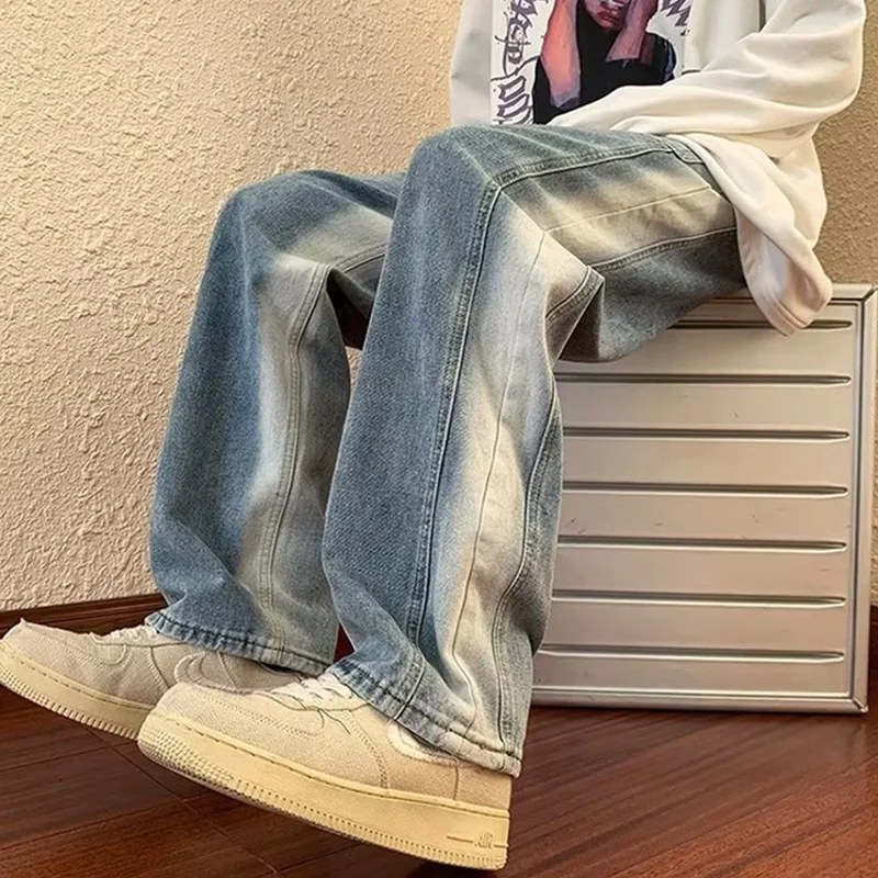 Streetwear Men New Pattern Recreational Vintage Broad Leg Gradient Brown Jeans Straight Cylinder Loose Cargo Pants Autumn Female