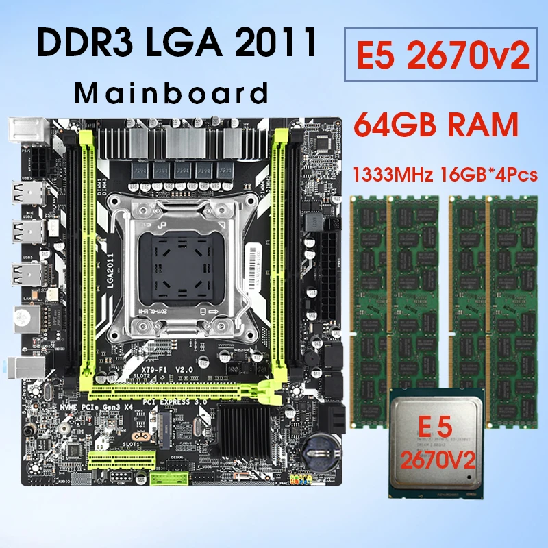 

X79 LGA 2011 Motherboard Set With Intel Xeon E5-2670 V2 CPU 4* 16GB= 64GB DDR3 1333MHz ECC/REG RAM M.2 SSD 10 core 20 threads