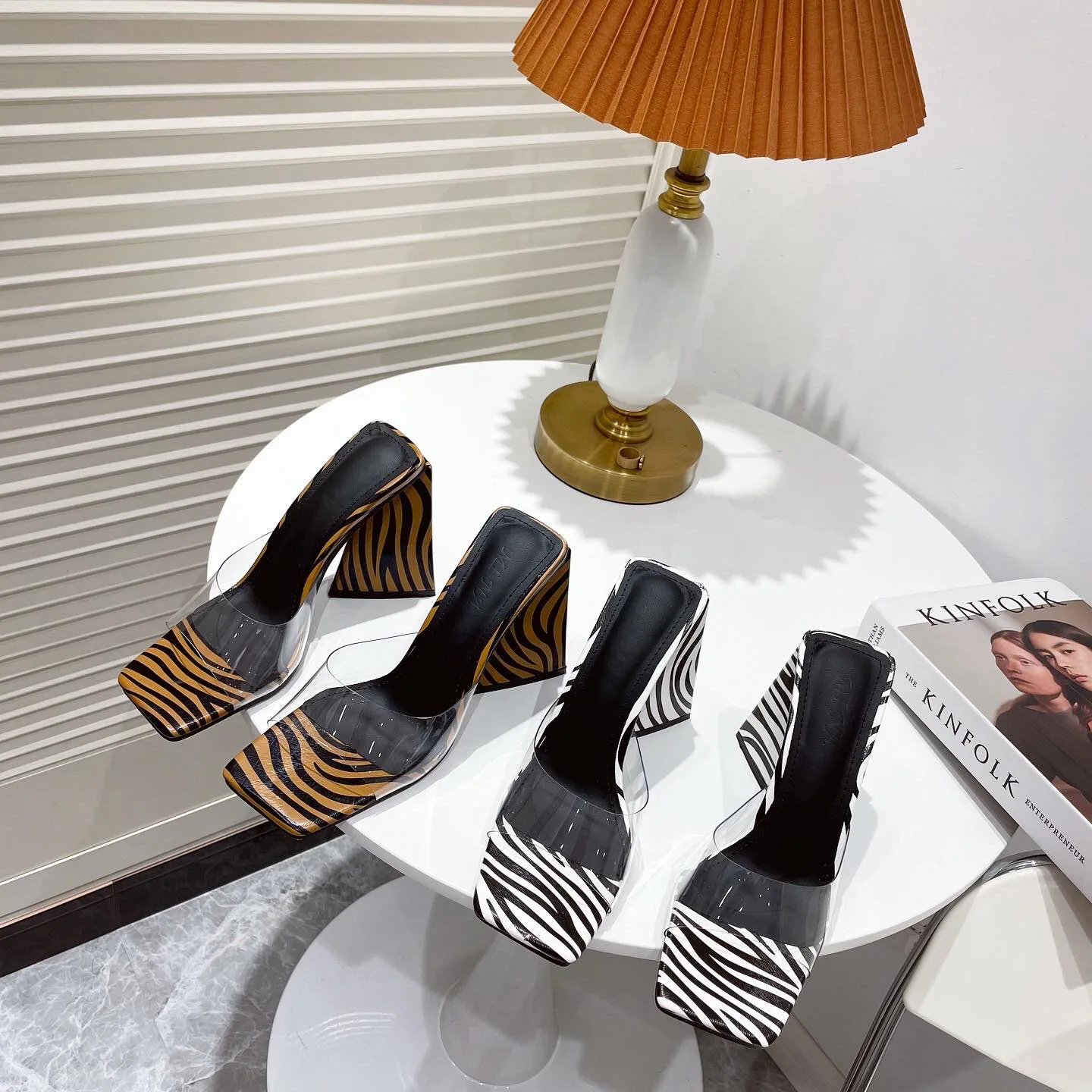 

Ladies Simple Sandals 2022Summer New Transparent Personality Heel Sandal Square Toe Striped High Heel Sandal Fashion Women Shoes