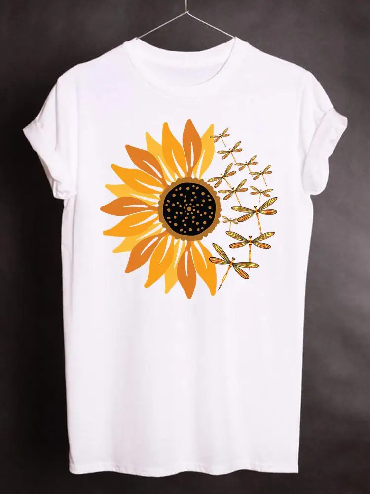 

Women Clothing Casual Flower Dragonfly Print T Shirt Short Sleeve Clothes Summer Fashion Graphic T-shirt Kawaii Basic Tee Top