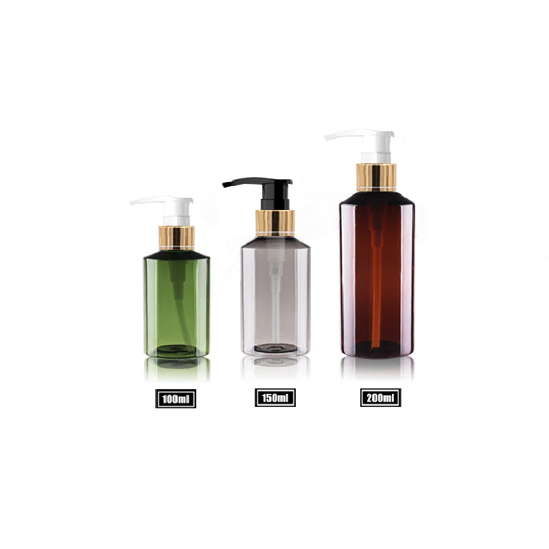 

100ml 150ml 200ml Cosmetic Bottles Green PET Sample Gold collar Pump Dispenser Cream,Shampoo,Detergent brown Container Capacity