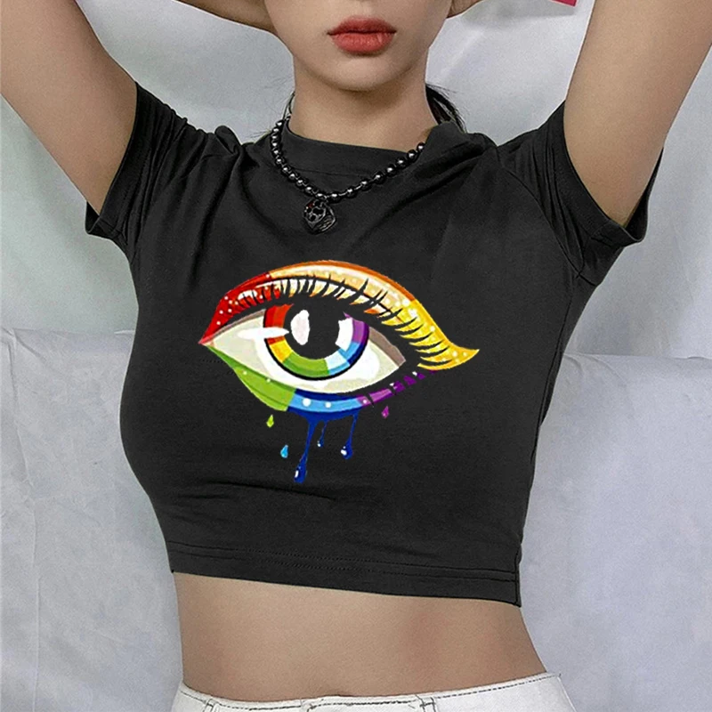 

Sexy Crop Top Women Summer Casual Short Sleeve eye print T Shirt Vintage Streetwear Y2k Tops Female clothes Aesthetic clothing